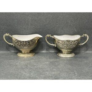 VINTAGE EP Zinc Grape Vine Sugar Creamer Set White Enamel Inlay